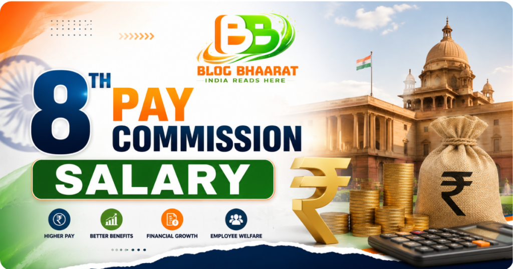 8th Pay Commission Salary infographic banner with Indian government building, rupee symbol, calculator, money bag, and Blog Bhaarat logo.