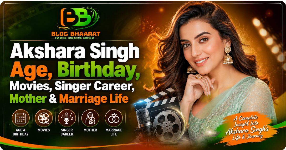 Promotional feature image of Akshara Singh highlighting her age, birthday, movies, singing career, mother, and marriage life, with a glamorous portrait and entertainment-themed background.