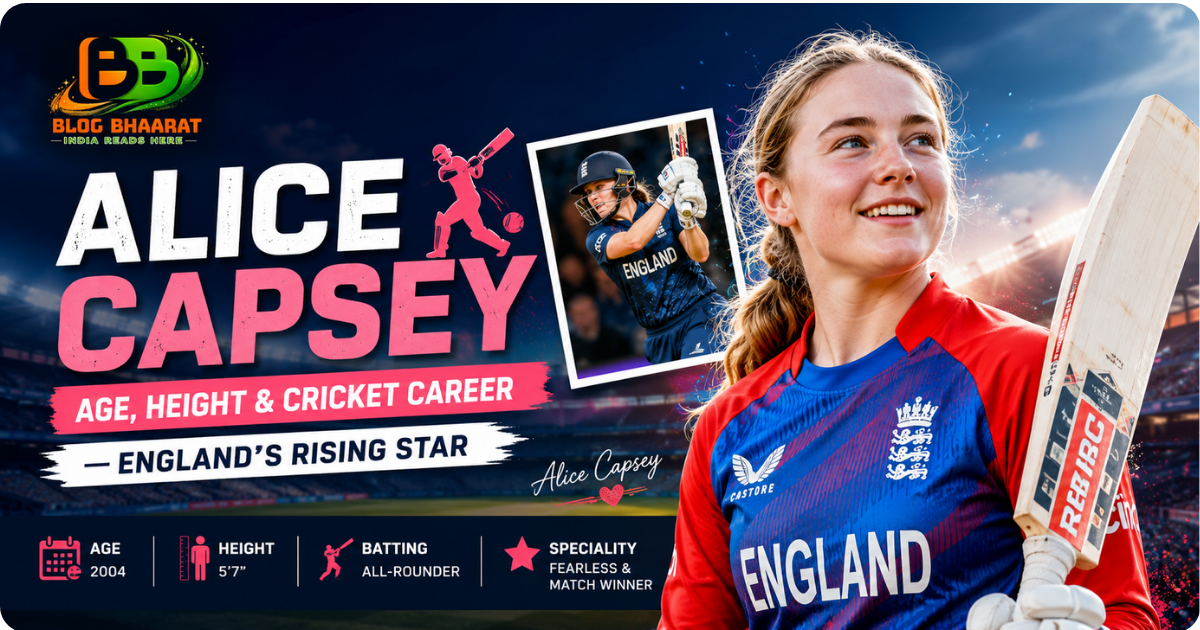 Alice Capsey holding a cricket bat in England jersey with stadium background – England’s rising cricket star featured in Blog Bhaarat banner