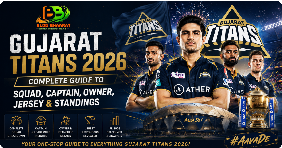 Gujarat Titans 2026 Complete Guide to Squad, Captain, Owner, Jersey and IPL Standings featuring players, team logo, Narendra Modi Stadium, and IPL trophy