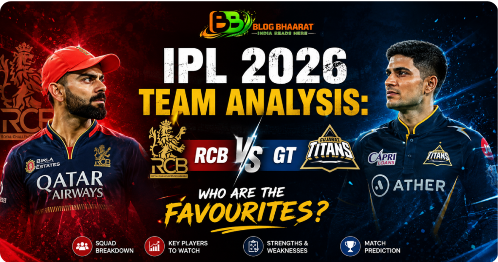 IPL 2026 Team Analysis featuring Royal Challengers Bengaluru vs Gujarat Titans with player comparison, squad analysis, match prediction, and favourites discussion.