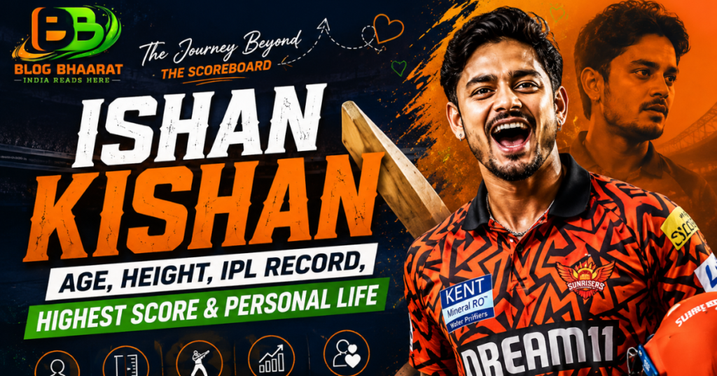 Ishan Kishan wearing Sunrisers Hyderabad jersey with details about age, height, IPL record, highest score, and personal life