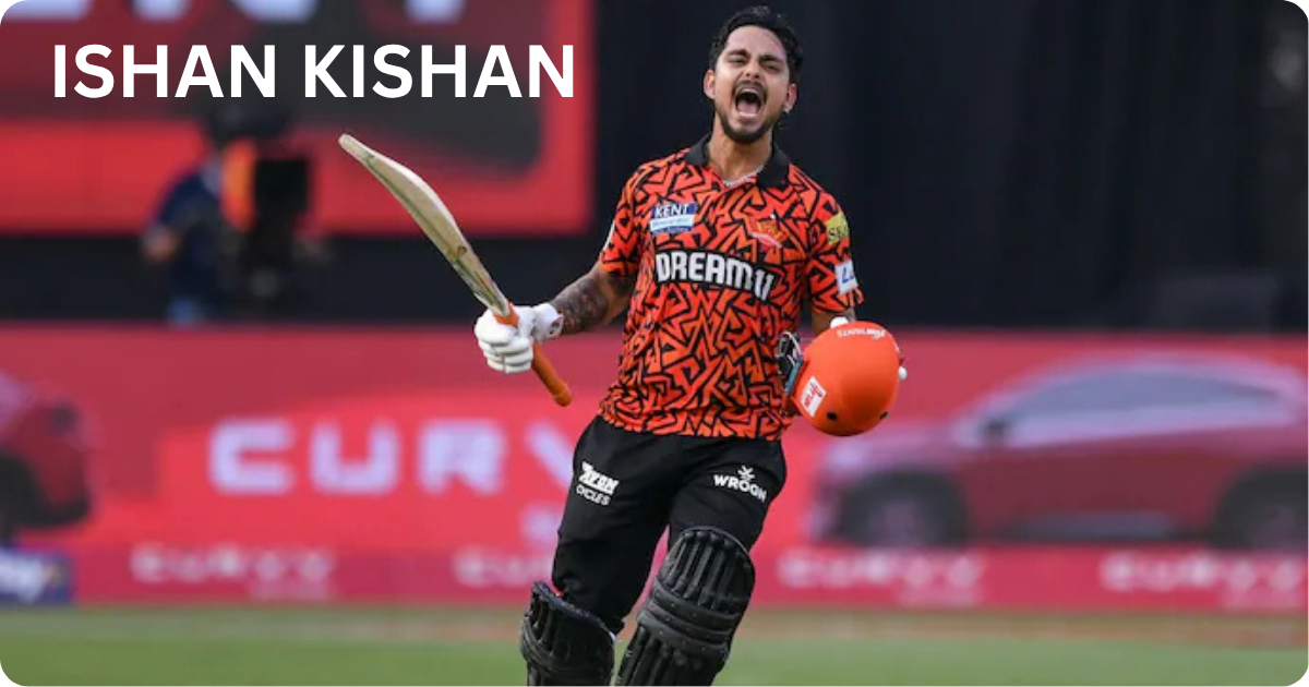 Ishan Kishan celebrating with bat and helmet in IPL match wearing Sunrisers Hyderabad jersey
