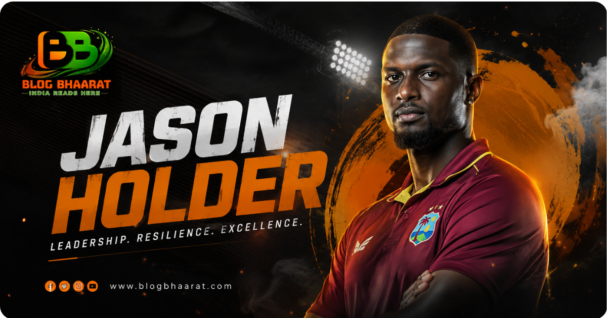 Jason Holder portrait in West Indies cricket jersey with motivational sports poster design highlighting leadership, resilience, and excellence.