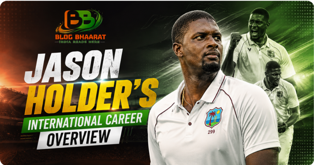 Jason Holder international cricket career overview poster featuring West Indies cricketer in action with stadium background and dynamic sports graphics.