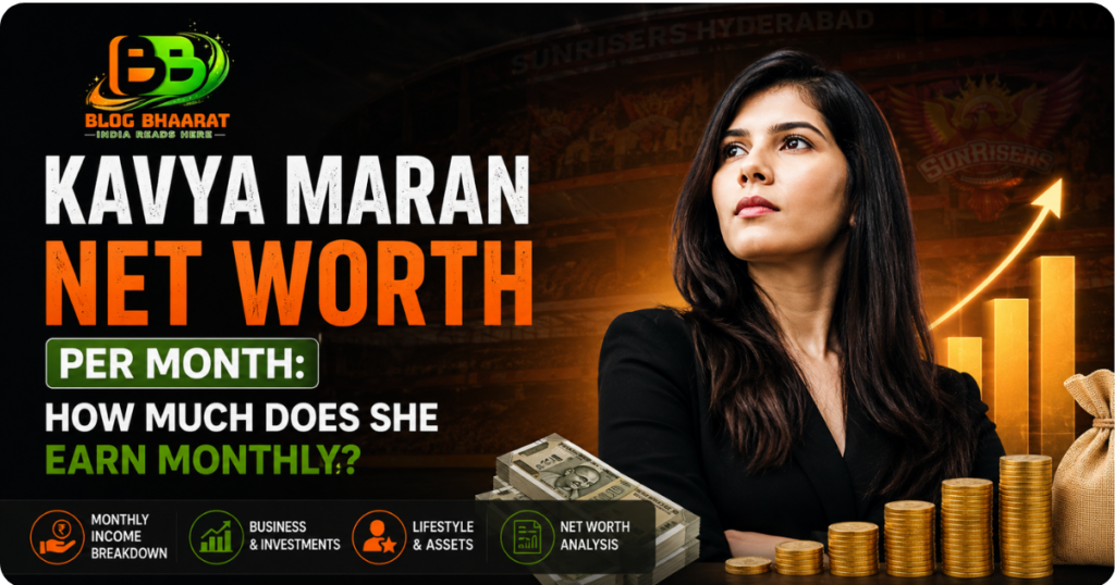 Kavya Maran monthly income and net worth analysis banner with financial growth chart and investment theme