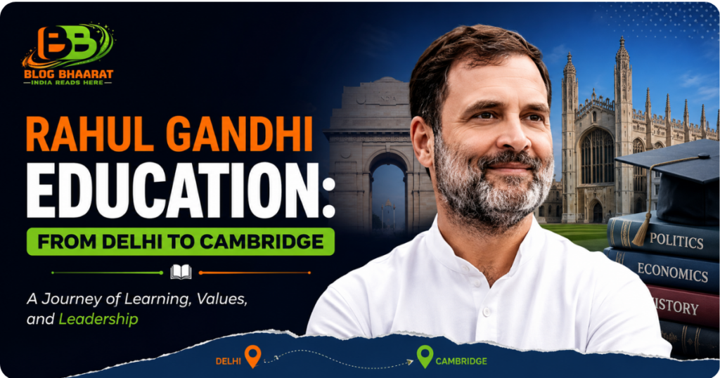 Rahul Gandhi education journey banner from Delhi to Cambridge with academic and leadership theme