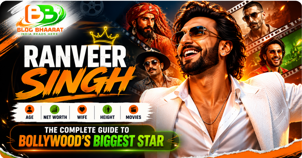 Ranveer Singh cinematic collage featuring Bollywood movie looks, stylish portraits, and guide highlights including age, net worth, wife, height, and movies.
