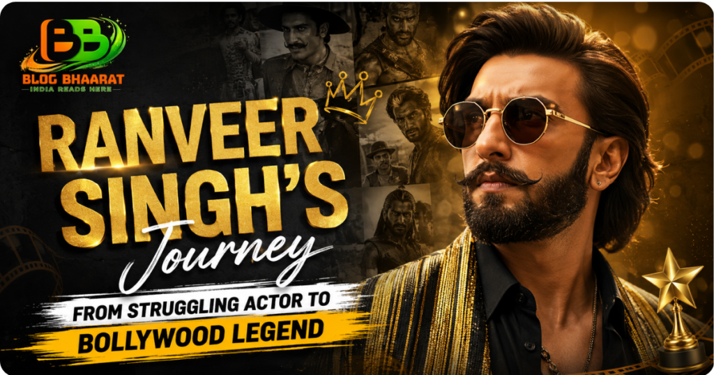 Ranveer Singh cinematic portrait with golden Bollywood theme showcasing his journey from struggling actor to Bollywood legend.