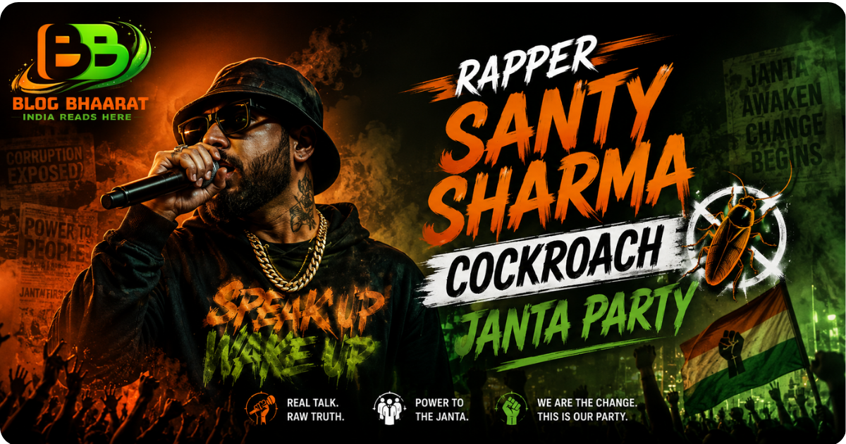 Rapper Santy Sharma performing live on stage with political rap artwork and “Cockroach Janta Party” themed poster design.