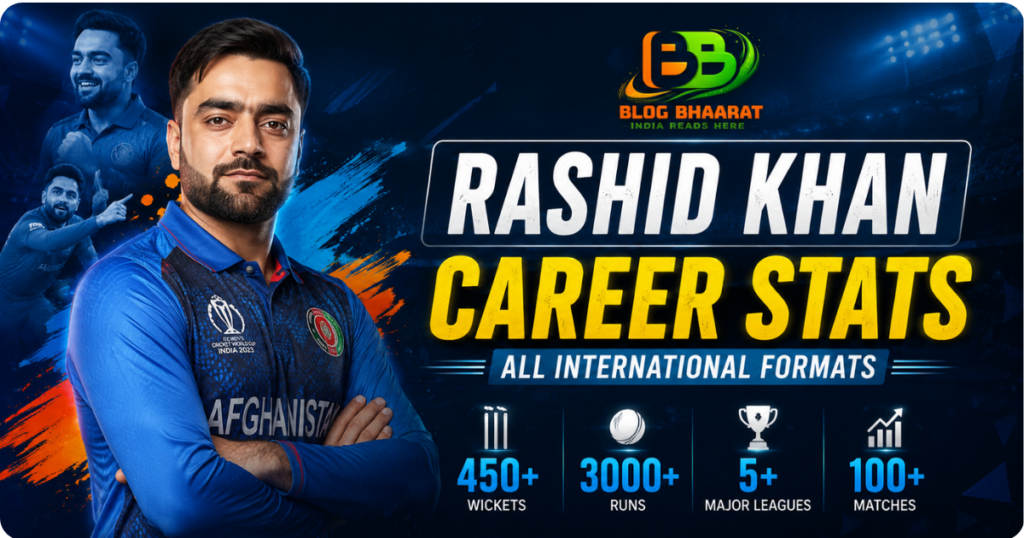 Rashid Khan career stats poster featuring Afghanistan cricket star with international records, wickets, runs, and league achievements.