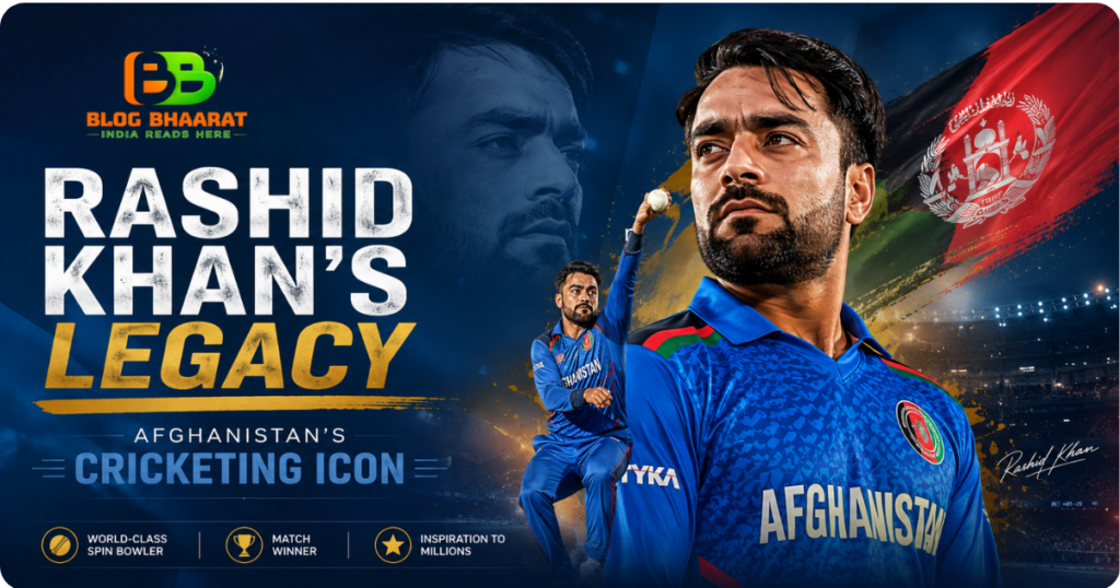 Rashid Khan legacy poster featuring Afghanistan cricket star with national flag, stadium background, and iconic spin bowling imagery.