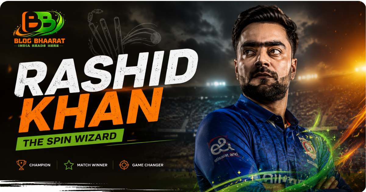 Rashid Khan cricket poster featuring the Afghanistan spin bowler in stadium lights with “The Spin Wizard” sports-themed design.