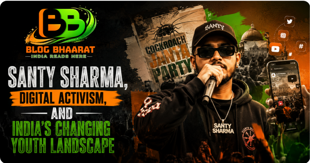 Santy Sharma speaking at a live event with digital activism theme and social media inspired political youth campaign artwork.