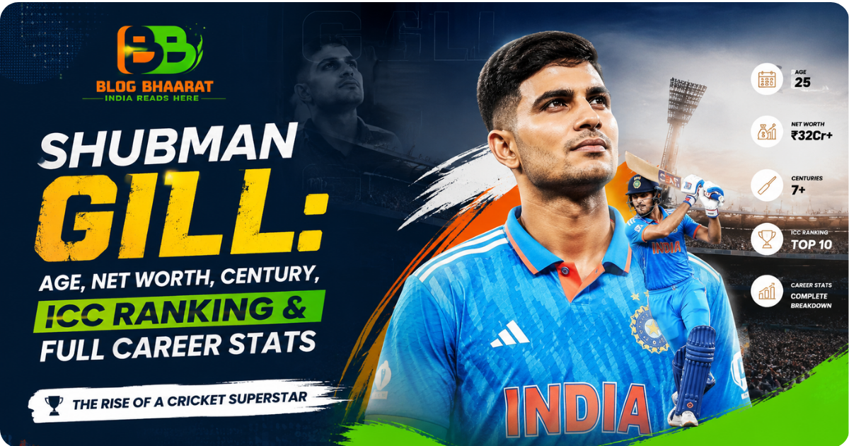 Indian cricketer Shubman Gill in Team India jersey, highlighting his age, net worth, centuries, ICC ranking, and complete international cricket career statistics.