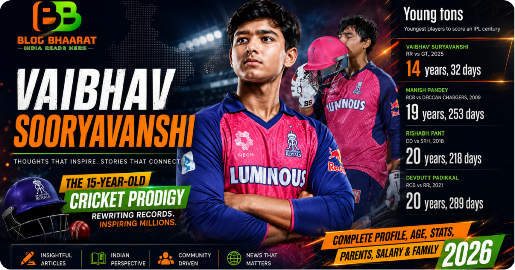 Vaibhav Sooryavanshi cricket records poster featuring Rajasthan Royals young player with IPL century achievements, stats, and profile highlights.