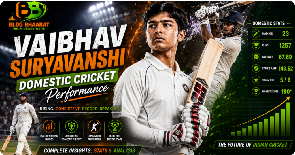 Young Indian cricketer Vaibhav Suryavanshi holding a cricket bat in white domestic cricket uniform, highlighting his domestic cricket performance, stats, and future potential in Indian cricket.