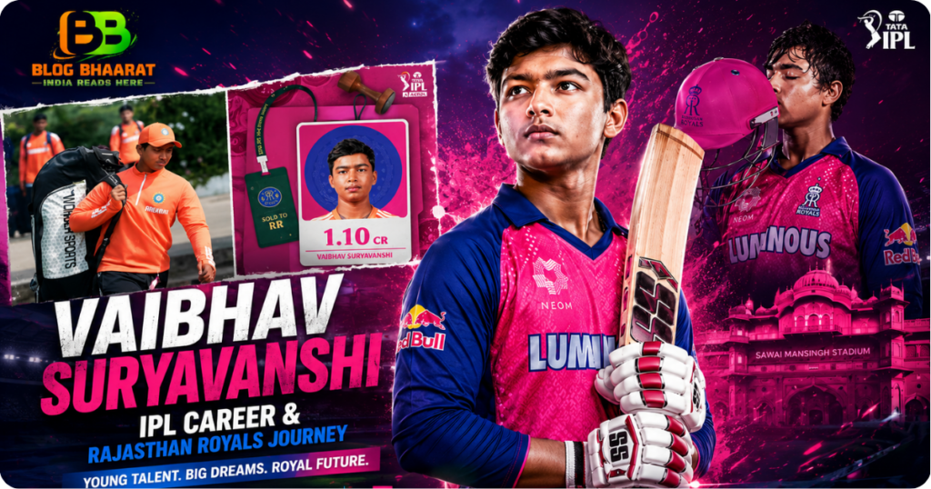 Young Indian cricket sensation Vaibhav Suryavanshi in Rajasthan Royals jersey holding a cricket bat, showcasing his IPL career journey and future with Rajasthan Royals in Tata IPL.
