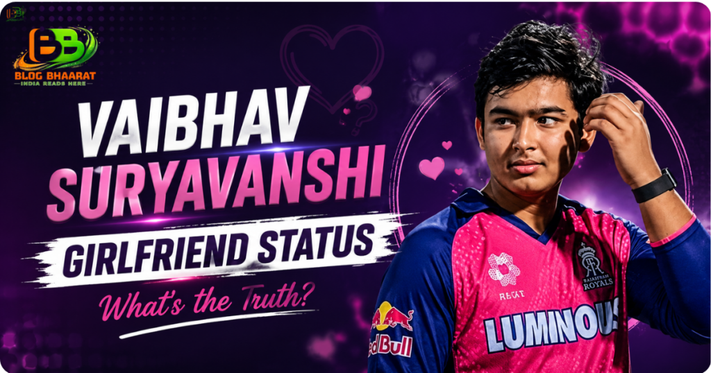 Vaibhav Suryavanshi girlfriend status feature image with stylish cricket portrait and neon pink purple background