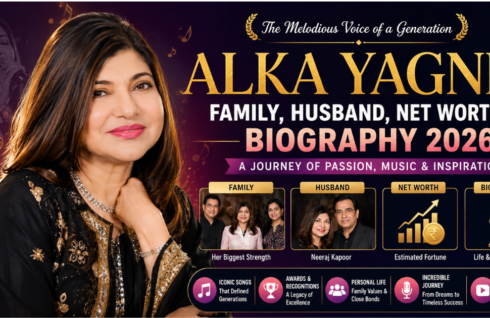 Alka Yagnik biography feature image showcasing the legendary Indian playback singer with highlights about her family, husband, net worth, career achievements, and life story in 2026.