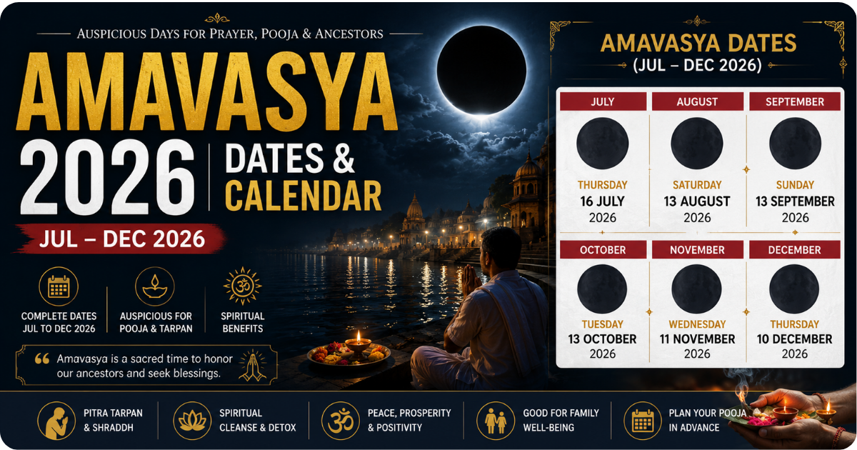 Amavasya 2026 dates and calendar infographic featuring new moon dates from July to December 2026, spiritual rituals, Pitra Tarpan, and sacred riverbank worship under a moonlit sky.