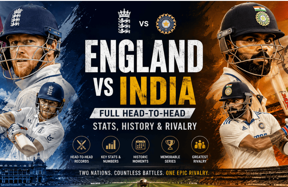 England vs India cricket rivalry feature image showing two international cricket teams competing in a historic head-to-head battle with stadium background and national flags.