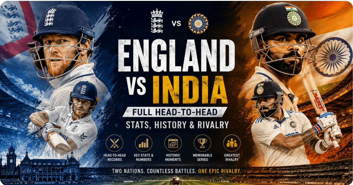 England vs India cricket rivalry feature image showing two international cricket teams competing in a historic head-to-head battle with stadium background and national flags.