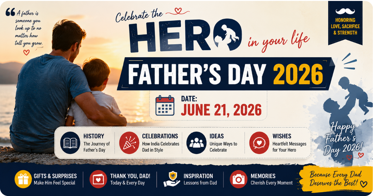 Father's Day 2026 in India celebration banner featuring a loving father and child at sunset with Father's Day date, history, celebrations, wishes, and tribute elements.