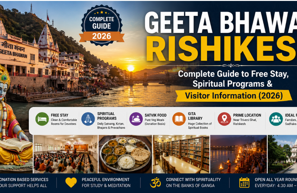 Geeta Bhawan Rishikesh complete guide featuring free accommodation, spiritual programs, Ganga riverfront, satsang halls, library, and visitor facilities in Rishikesh.