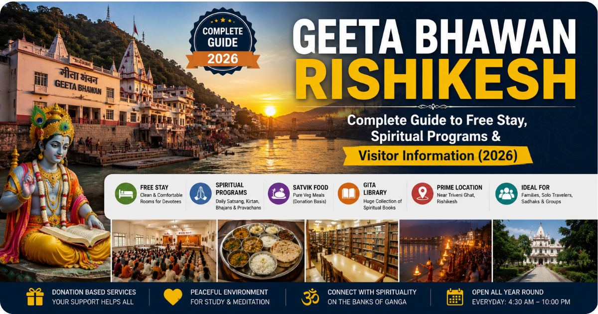 Geeta Bhawan Rishikesh complete guide featuring free accommodation, spiritual programs, Ganga riverfront, satsang halls, library, and visitor facilities in Rishikesh.