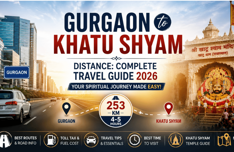 Gurgaon to Khatu Shyam distance travel guide featuring a highway road trip from Gurgaon to Khatu Shyam Ji Temple, Rajasthan, covering 253 km in 4–5 hours.