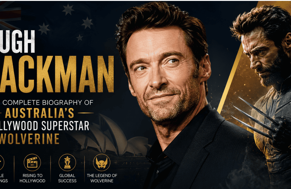 Hugh Jackman biography feature image showcasing the Australian Hollywood superstar alongside his iconic Wolverine character in a cinematic gold and black design.