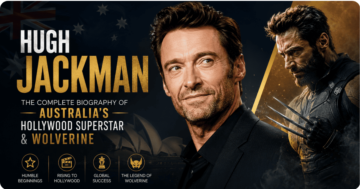 Hugh Jackman biography feature image showcasing the Australian Hollywood superstar alongside his iconic Wolverine character in a cinematic gold and black design.