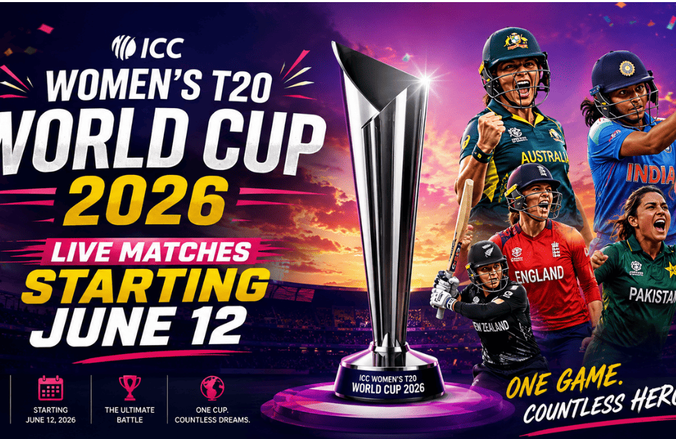 ICC Women's T20 World Cup 2026 feature image featuring international women cricketers, the championship trophy, and live matches starting June 12 in a vibrant stadium setting.