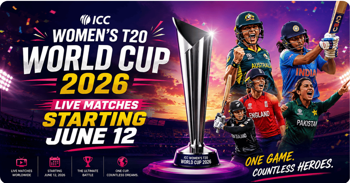 ICC Women's T20 World Cup 2026 feature image featuring international women cricketers, the championship trophy, and live matches starting June 12 in a vibrant stadium setting.