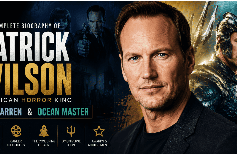 Patrick Wilson biography feature image showcasing the American horror king, Ed Warren from The Conjuring universe, and Ocean Master from Aquaman in a cinematic design.
