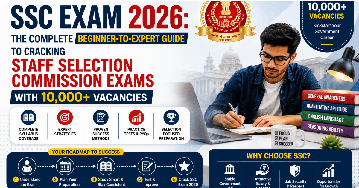 Professional SSC Exam 2026 banner featuring a student preparing for Staff Selection Commission exams, highlighting 10,000+ vacancies, study resources, preparation roadmap, and career opportunities in the Indian government sector.