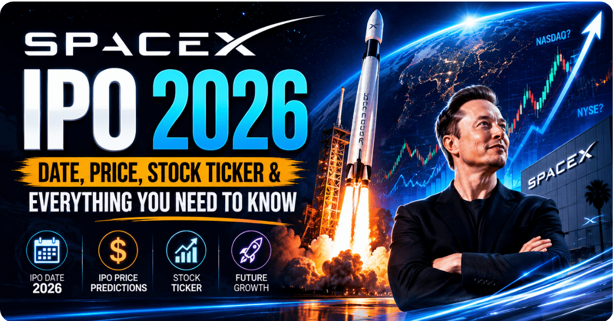 SpaceX IPO 2026 feature image showing a SpaceX rocket launch, stock market growth chart, Earth from space, and Elon Musk representing the anticipated SpaceX public offering.
