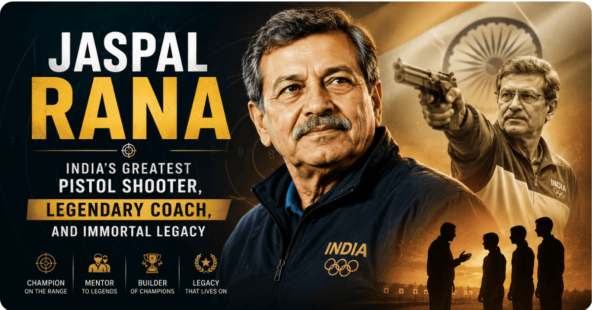 Jaspal Rana feature image highlighting India's greatest pistol shooter, legendary coach, and shooting sports icon with a professional cinematic design.