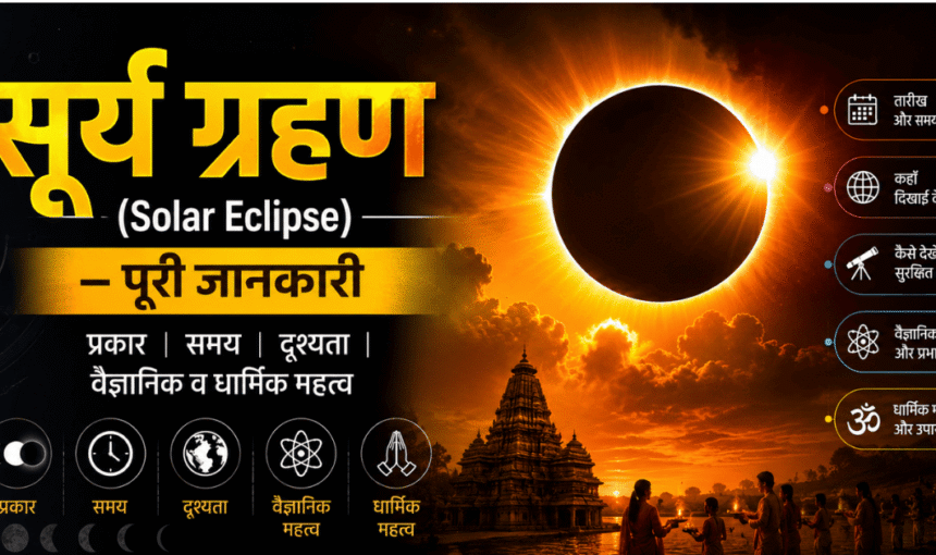 सूर्य ग्रहण (Solar Eclipse) – पूरी जानकारी: प्रकार, समय, दृश्यता, वैज्ञानिक व धार्मिक महत्व